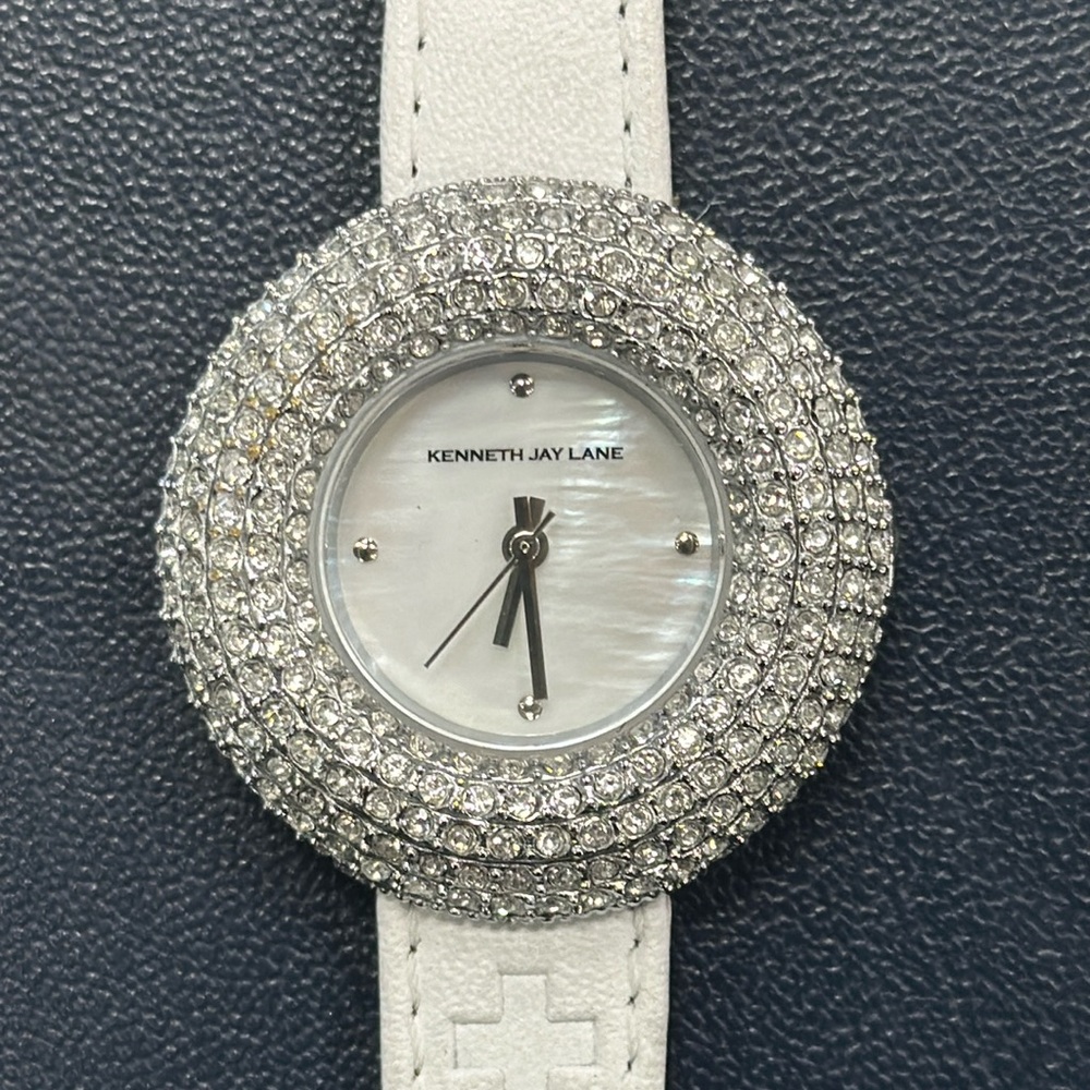 Kenneth Jay Lay white leather band, pearl face rhinestone watch